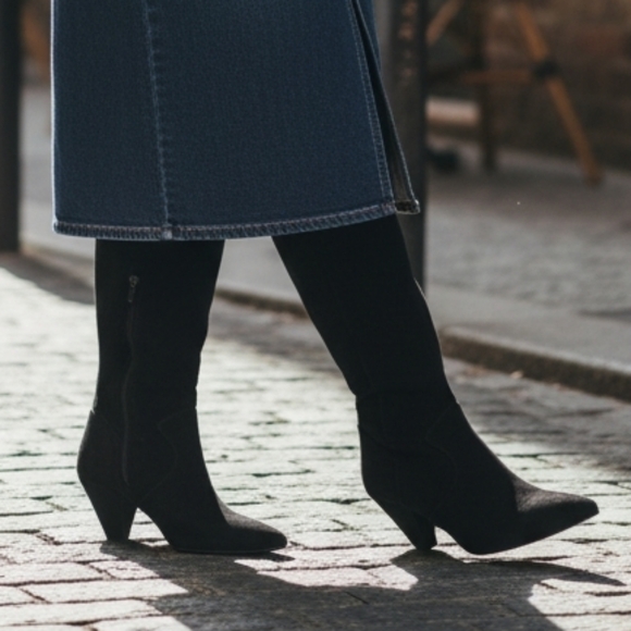 Neiman Marcus Lorenco Black Suede Leather Knee High Heeled Boots - Picture 15 of 15